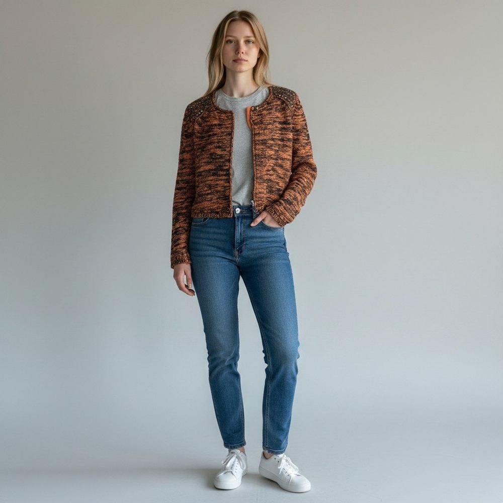 ASTR The Label Knit Jacket Medium Orange Black Space Dye Studded Cropped LT10942